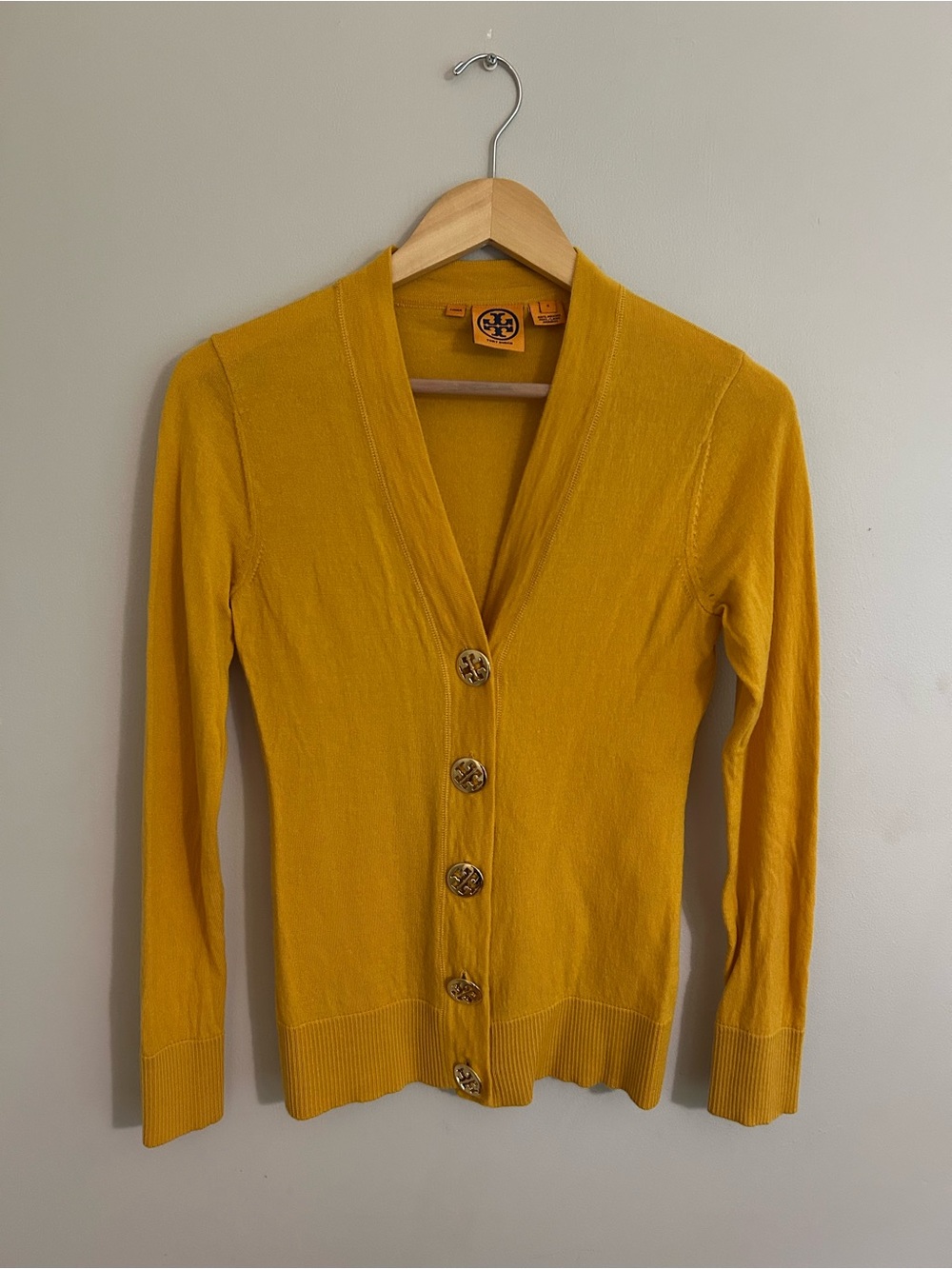 Tory Burch Golden Yellow V-Neck Button Front Cardigan